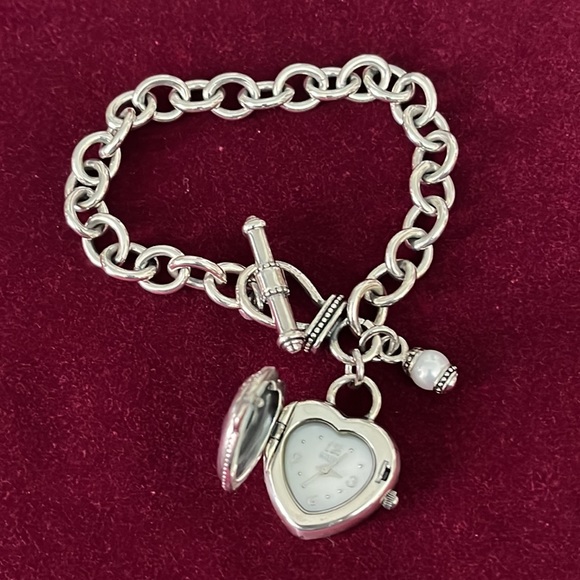 Ecclissi sterling silver toggle bracelet with hidden watch in heart charm. - Picture 2 of 5